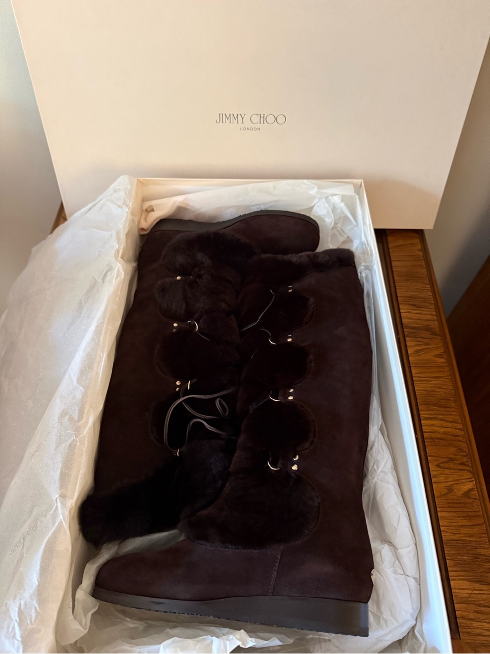 Jimmy Choo Brown Espresso Suede Fur Knee-High Boots size 35.5 5.5 Danube